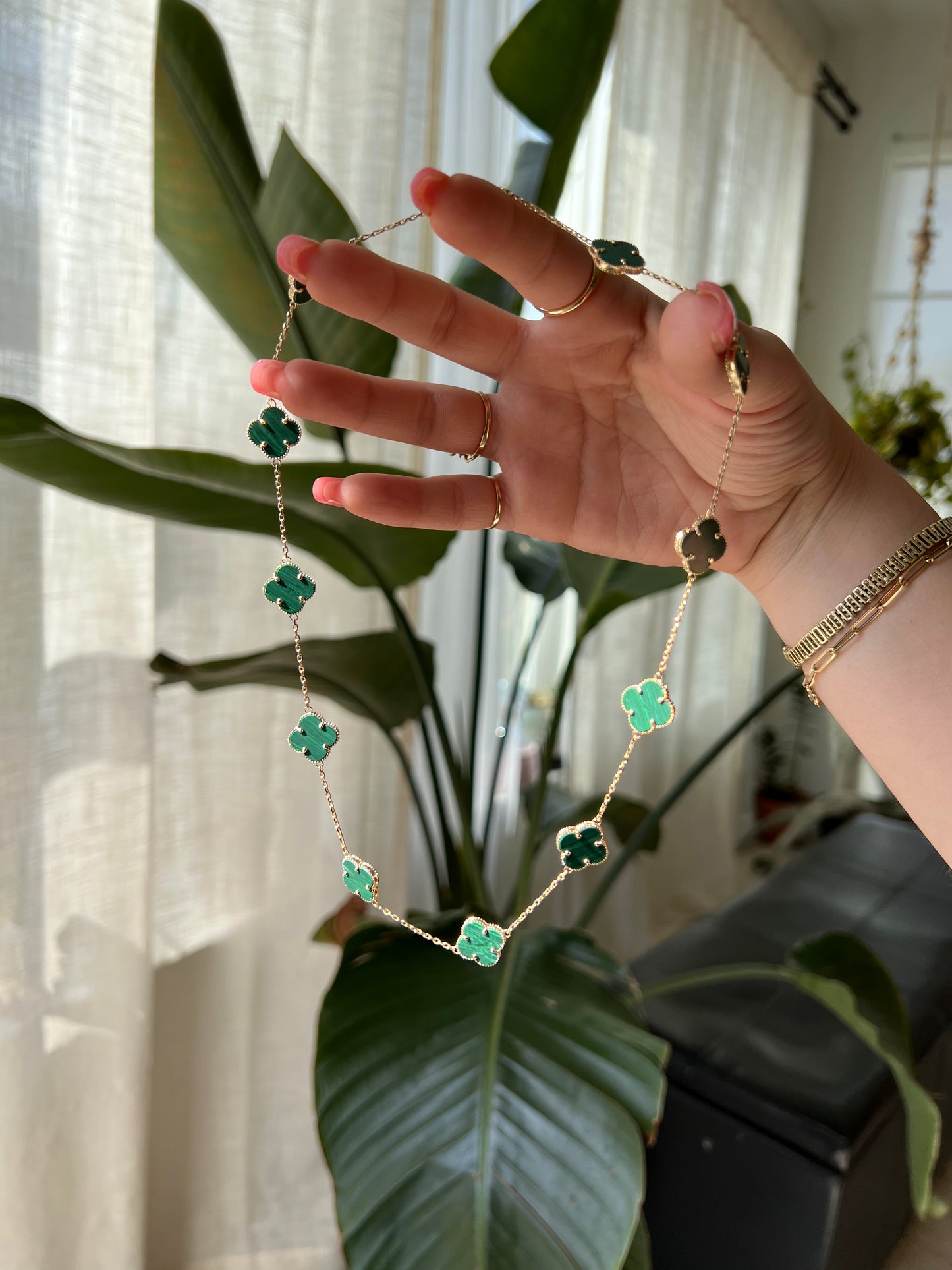 14K Gold Malachite Clover Necklace