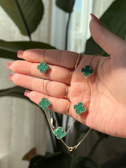 14K Gold Malachite Clover Necklace