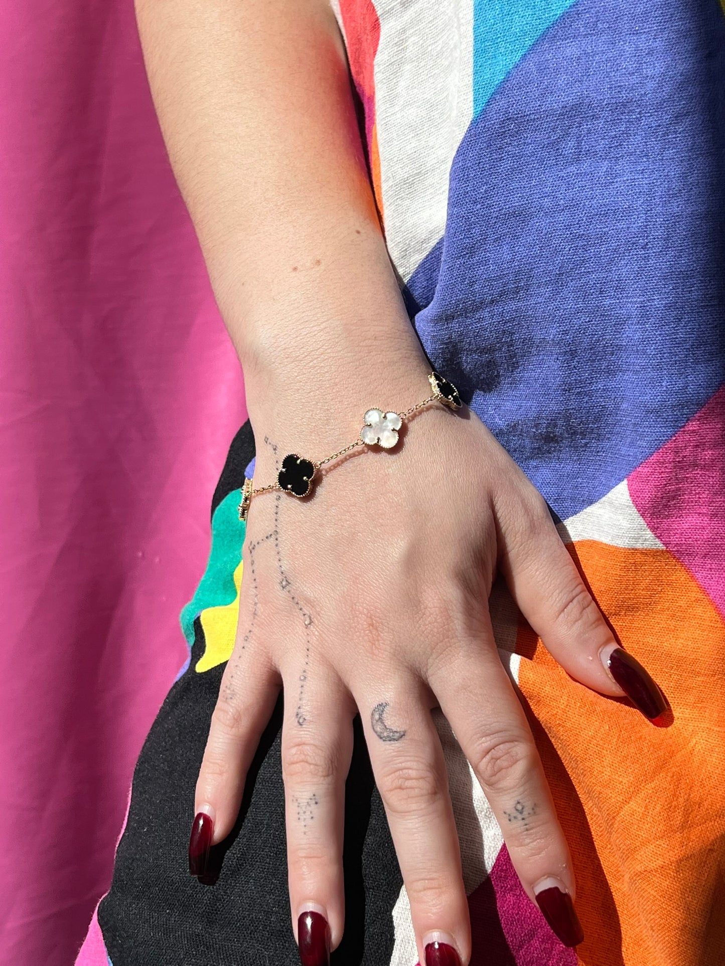 14K Gold Black and White Clover Bracelet