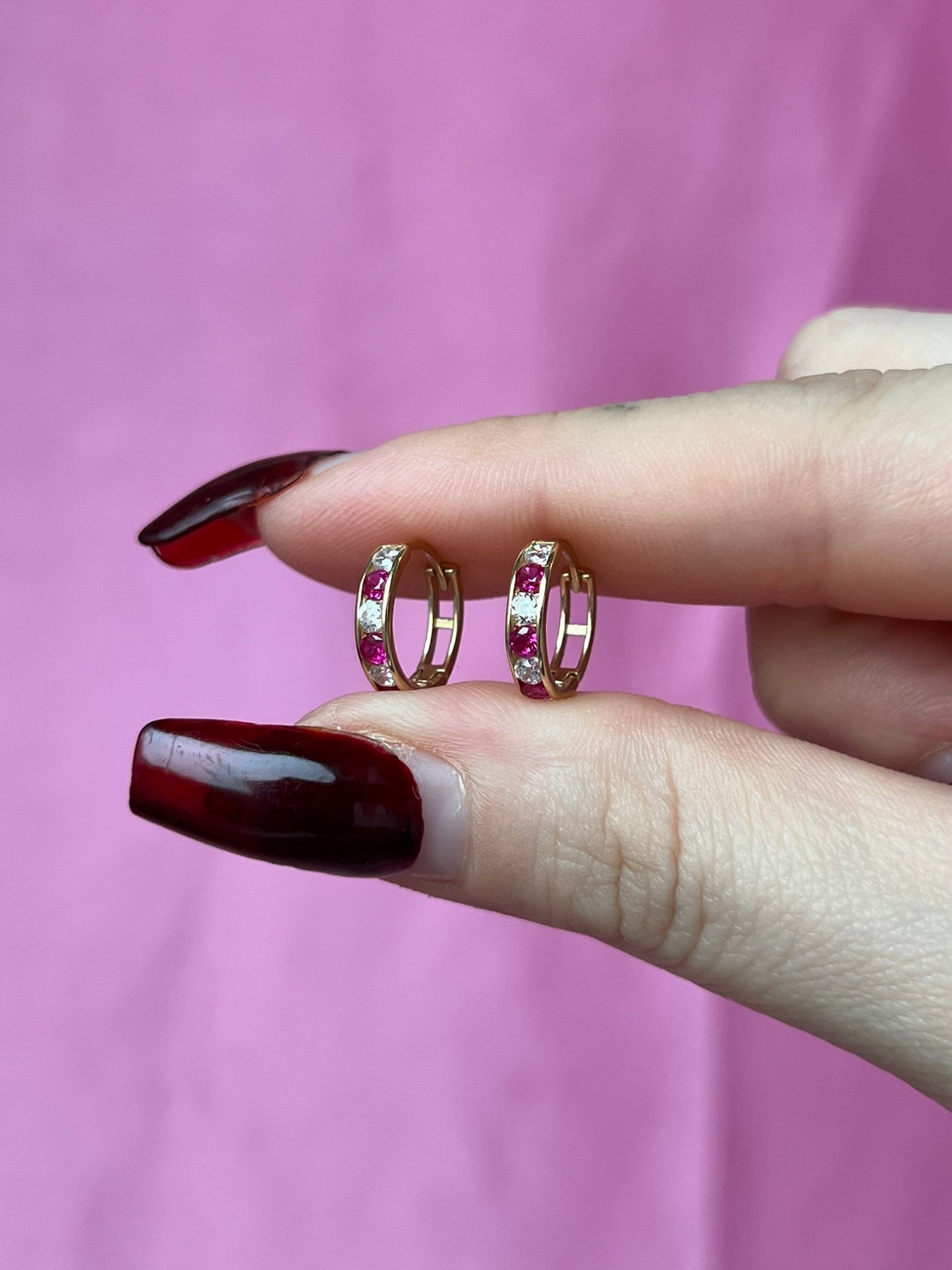 10K Gold Red & White CZ Huggies